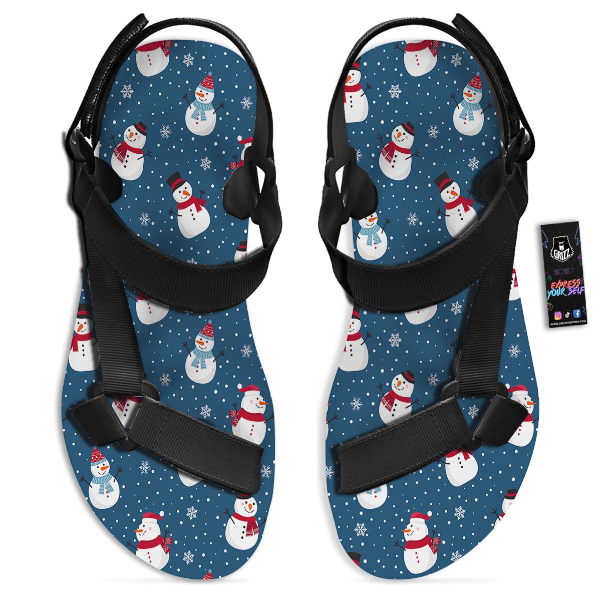 Snowflake And Snowman Print Pattern Black Open Toe Sandals-grizzshop
