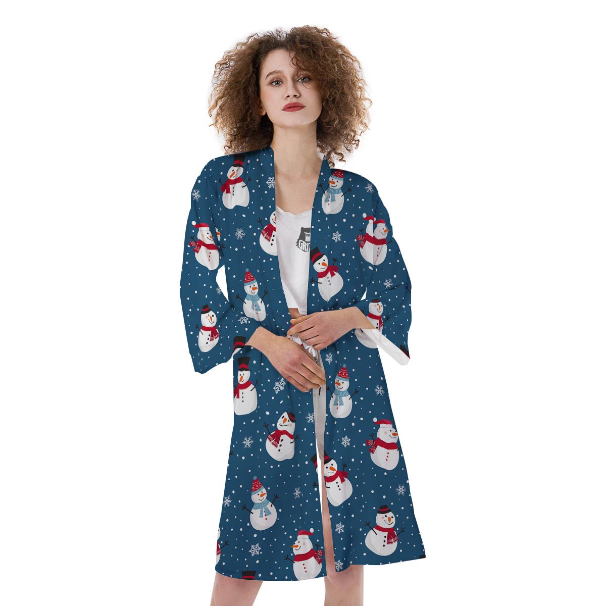 Snowflake And Snowman Print Pattern Kimono-grizzshop
