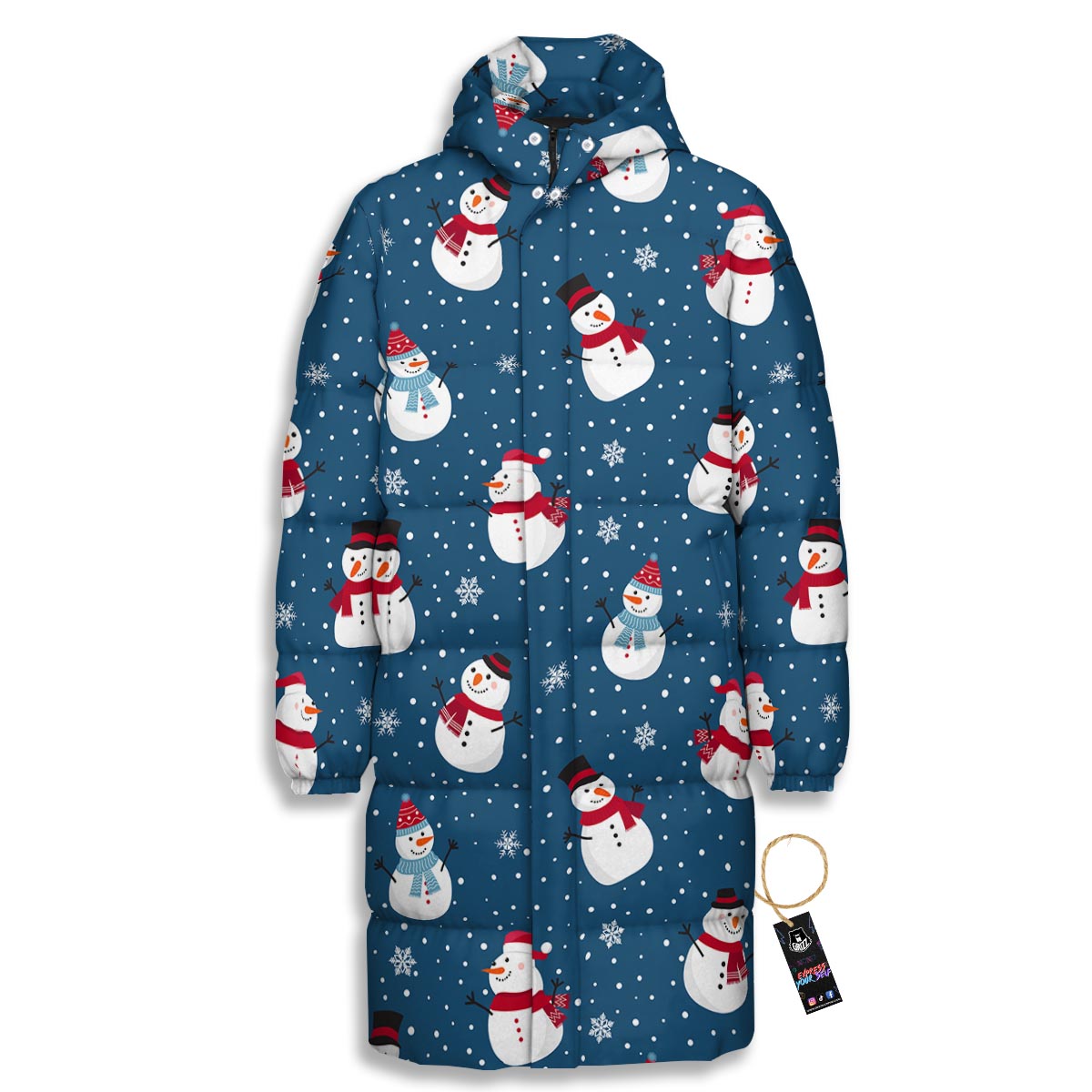 Snowflake And Snowman Print Pattern Long Down Jacket-grizzshop
