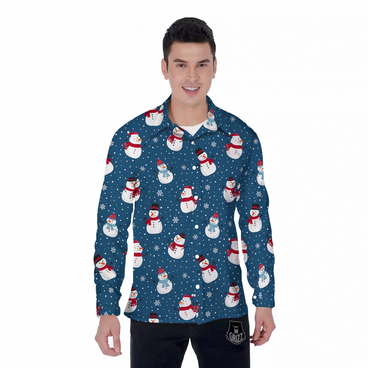 Snowflake And Snowman Print Pattern Men's Long Sleeve Shirts-grizzshop