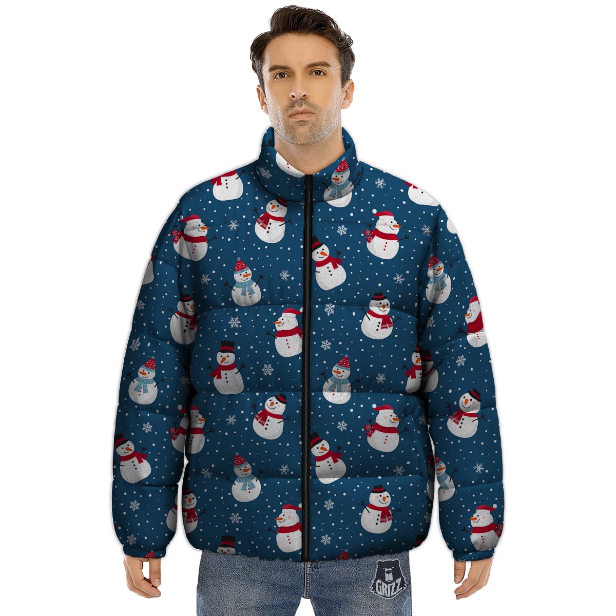 Snowflake And Snowman Print Pattern Puffer Jacket-grizzshop