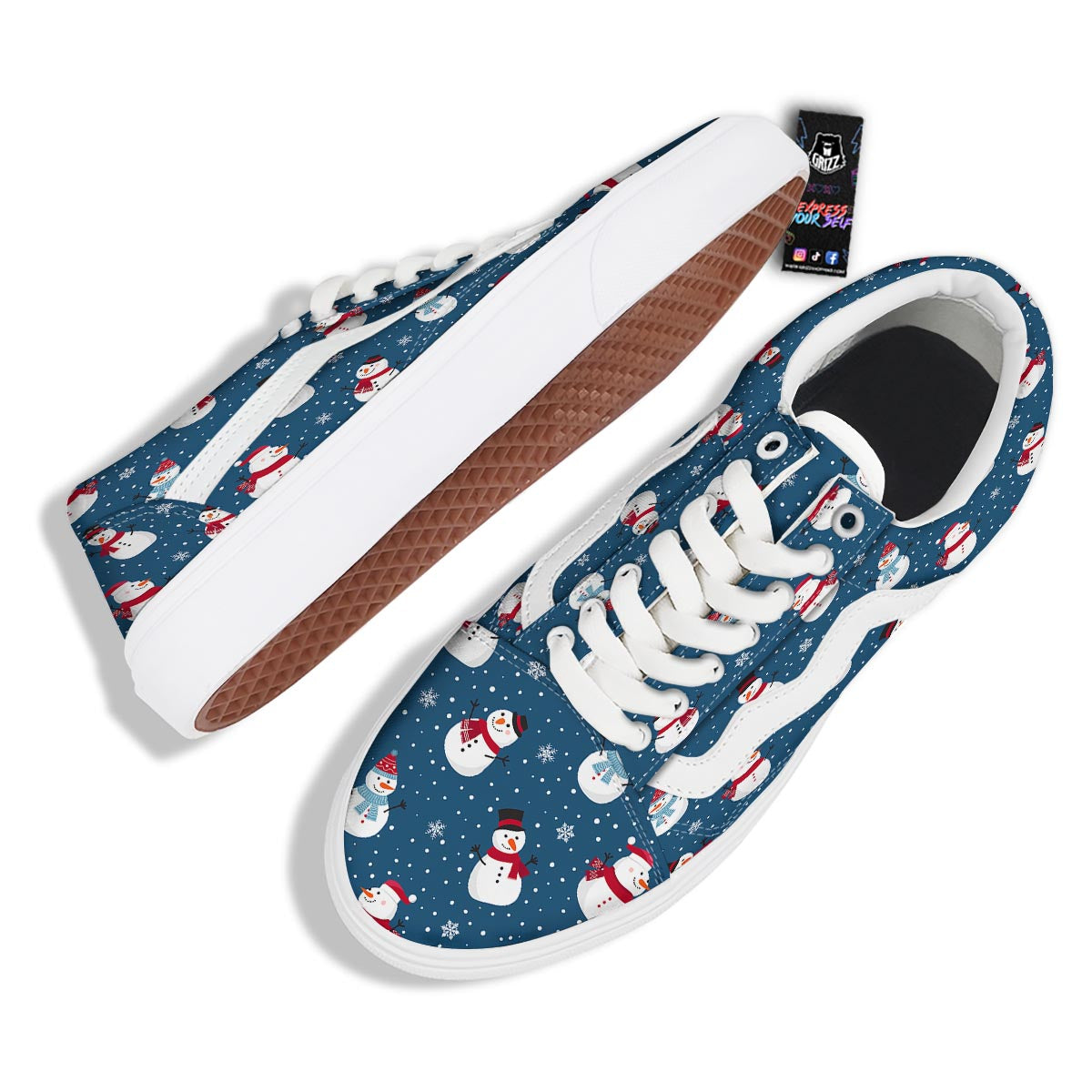 Snowflake And Snowman Print Pattern Skate Shoes-grizzshop