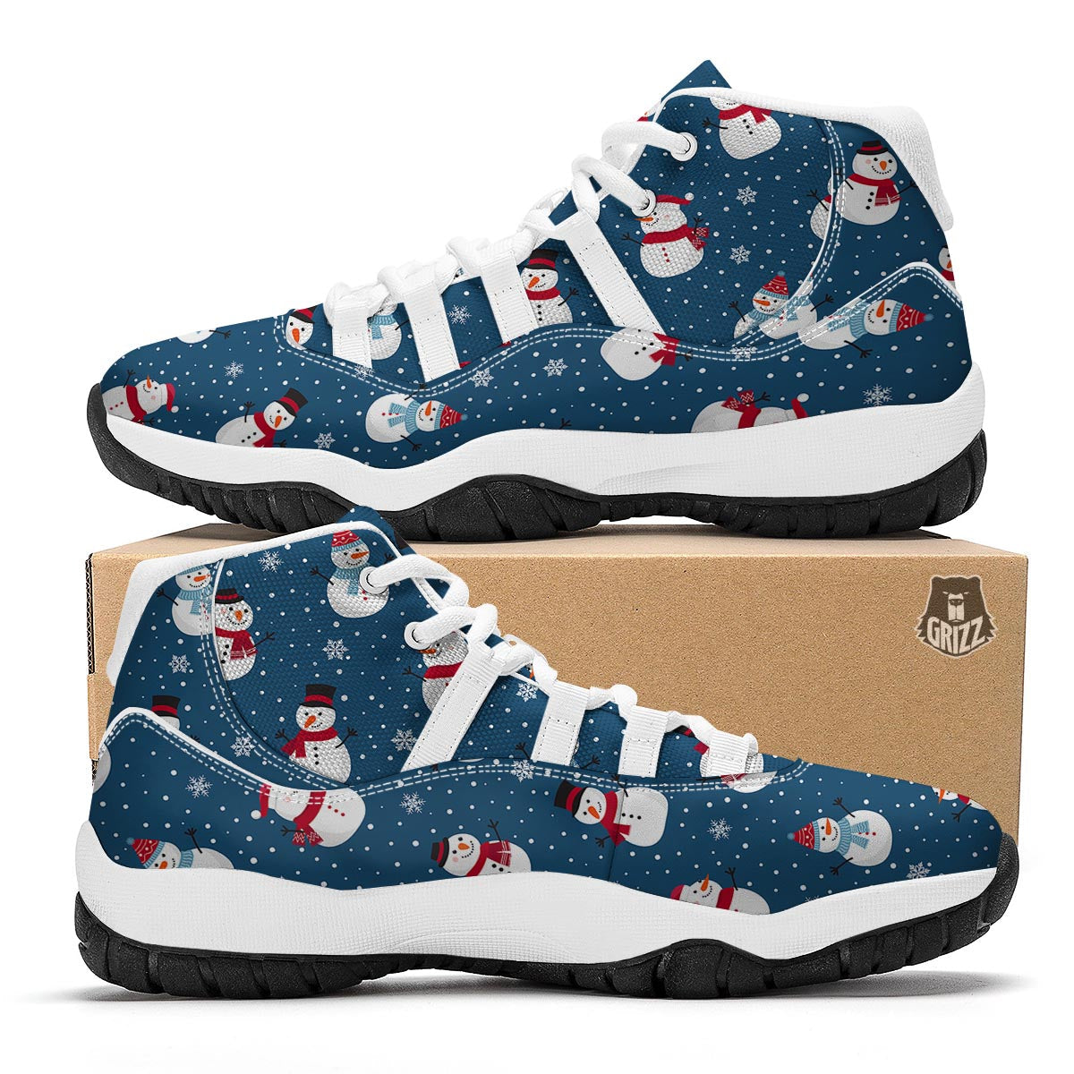 Snowflake And Snowman Print Pattern White Bball Shoes-grizzshop