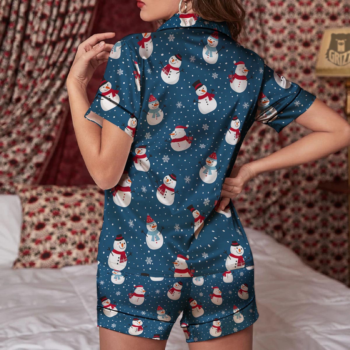 Snowflake And Snowman Print Pattern Women Silk Pajamas-grizzshop