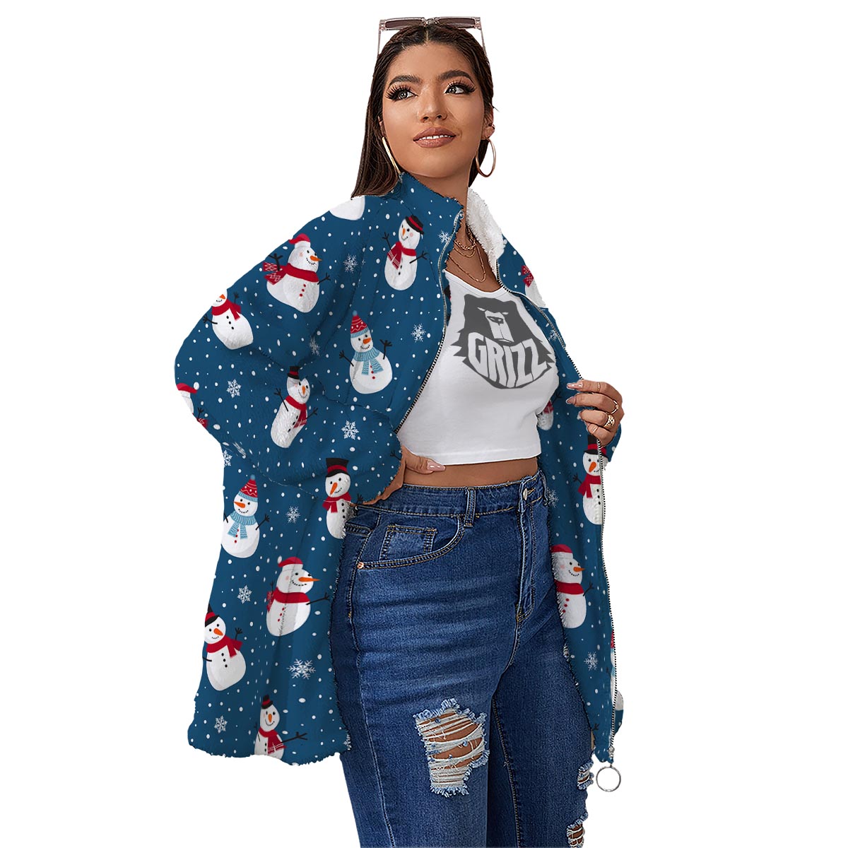 Snowflake And Snowman Print Pattern Women's Sherpa Jacket-grizzshop