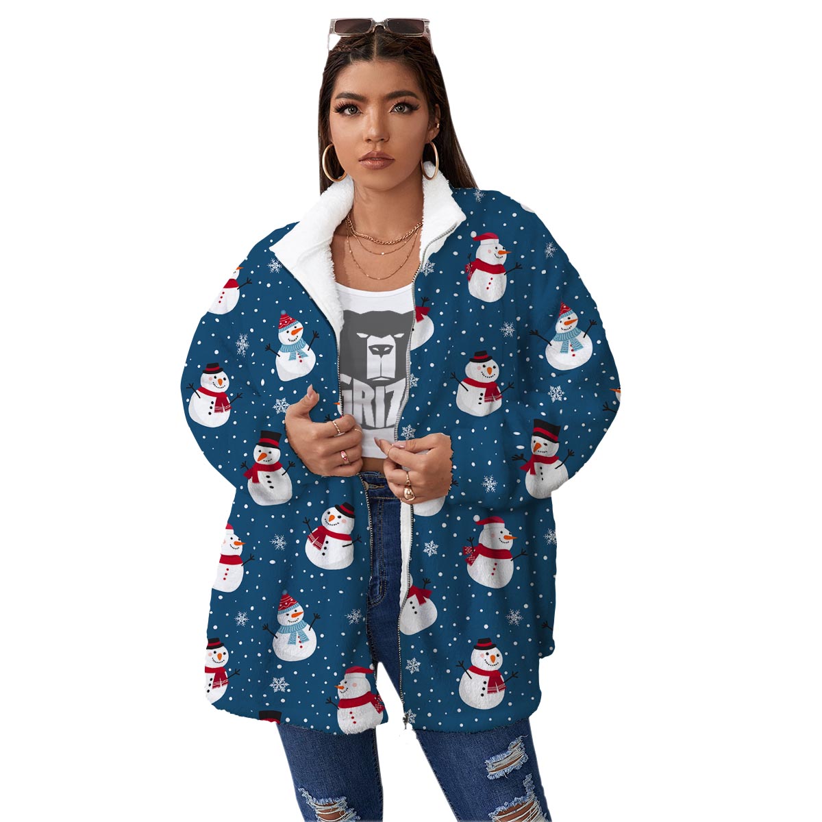 Snowflake And Snowman Print Pattern Women's Sherpa Jacket-grizzshop