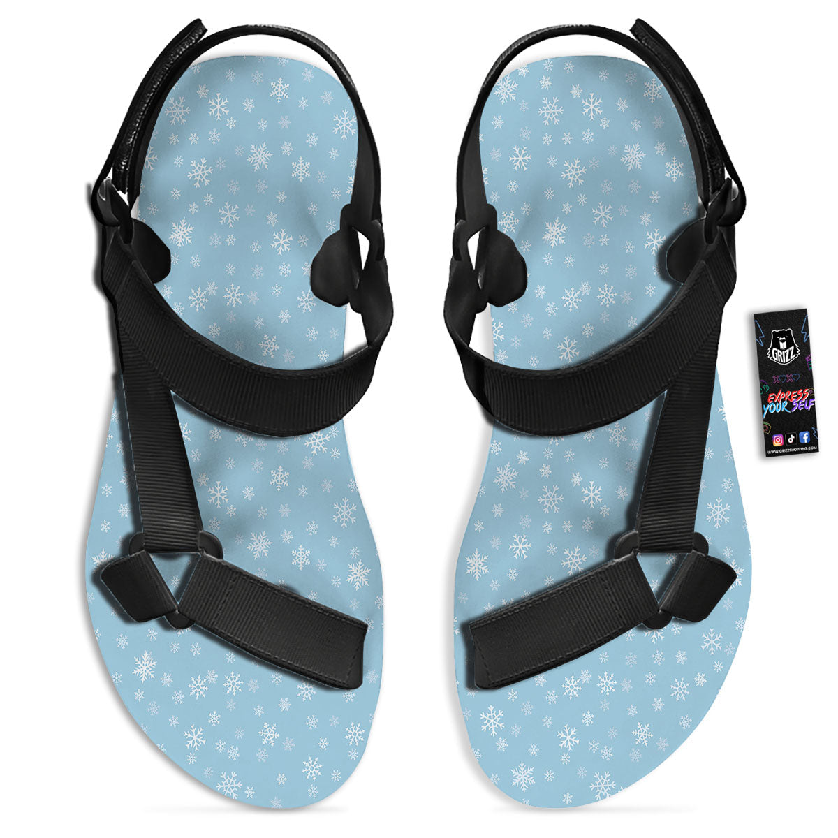 Snowflake Blue Print Pattern Black Open Toe Sandals-grizzshop