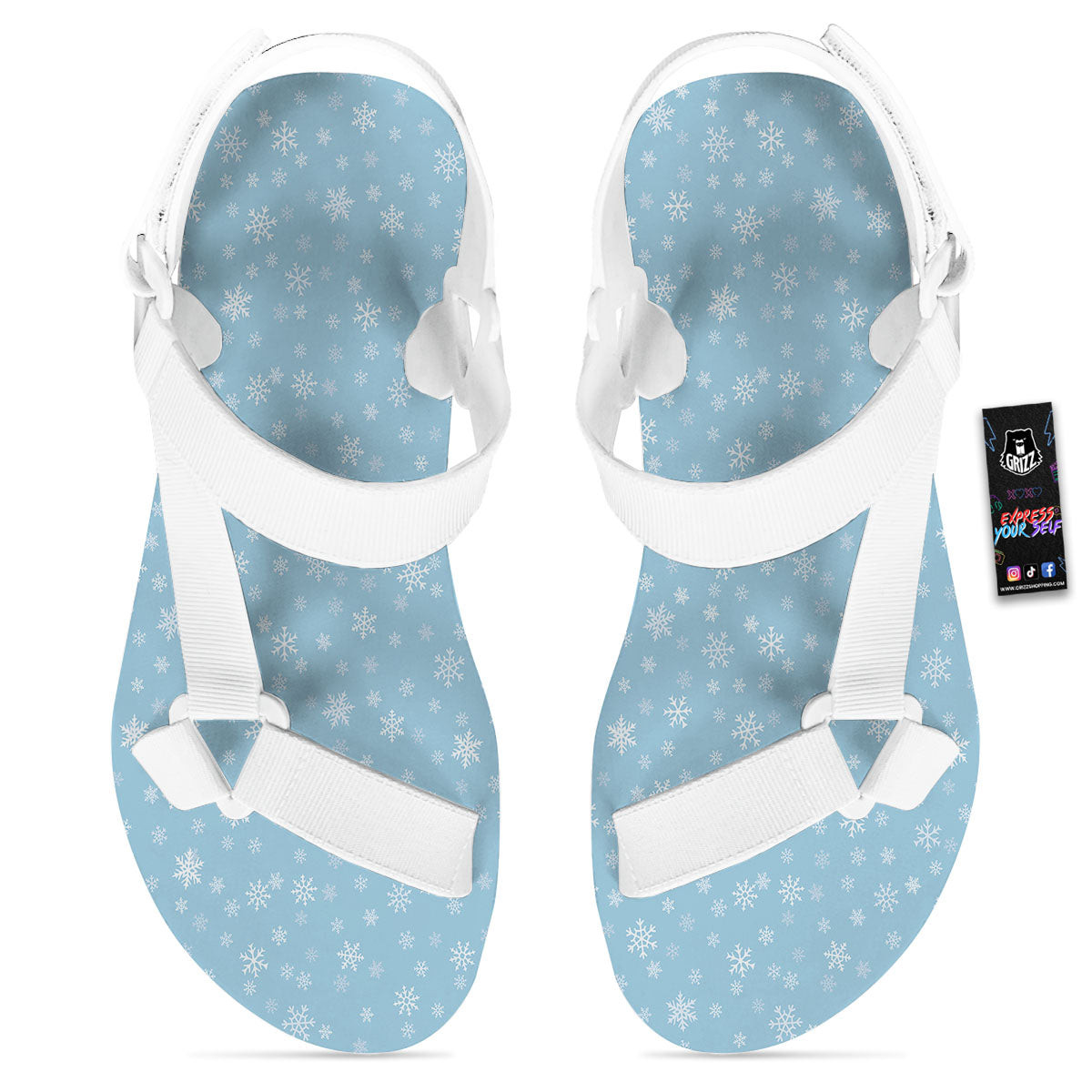 Snowflake Blue Print Pattern White Open Toe Sandals-grizzshop
