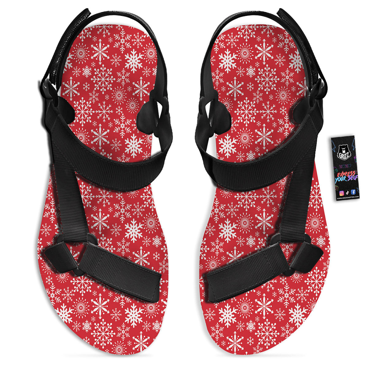 Snowflake Christmas Print Black Open Toe Sandals-grizzshop