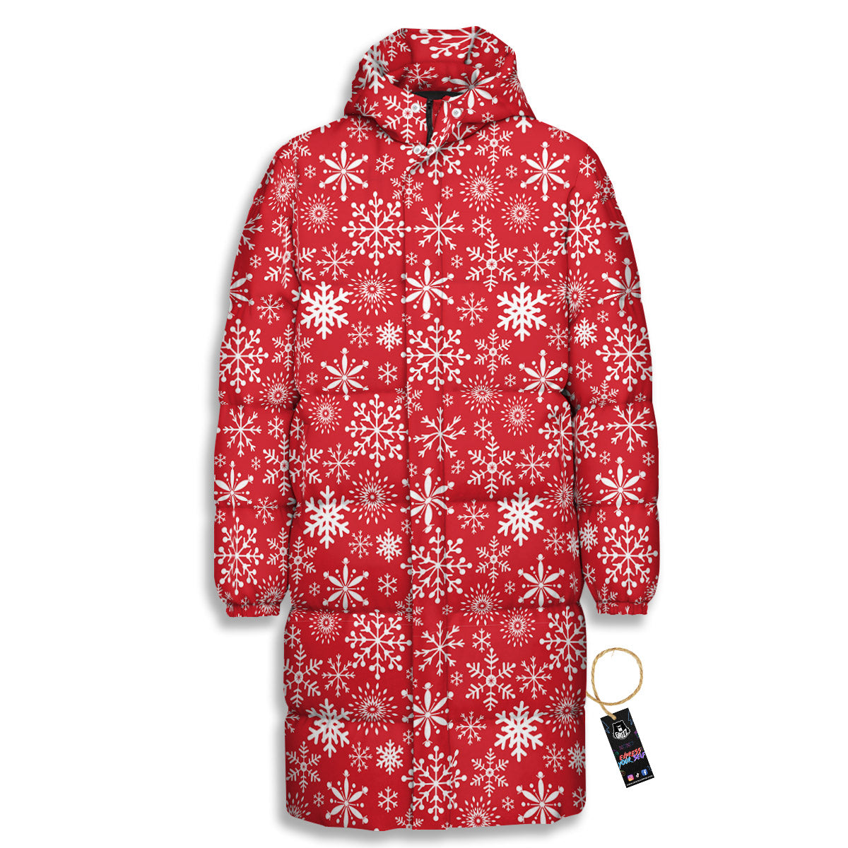 Snowflake Christmas Print Long Down Jacket-grizzshop