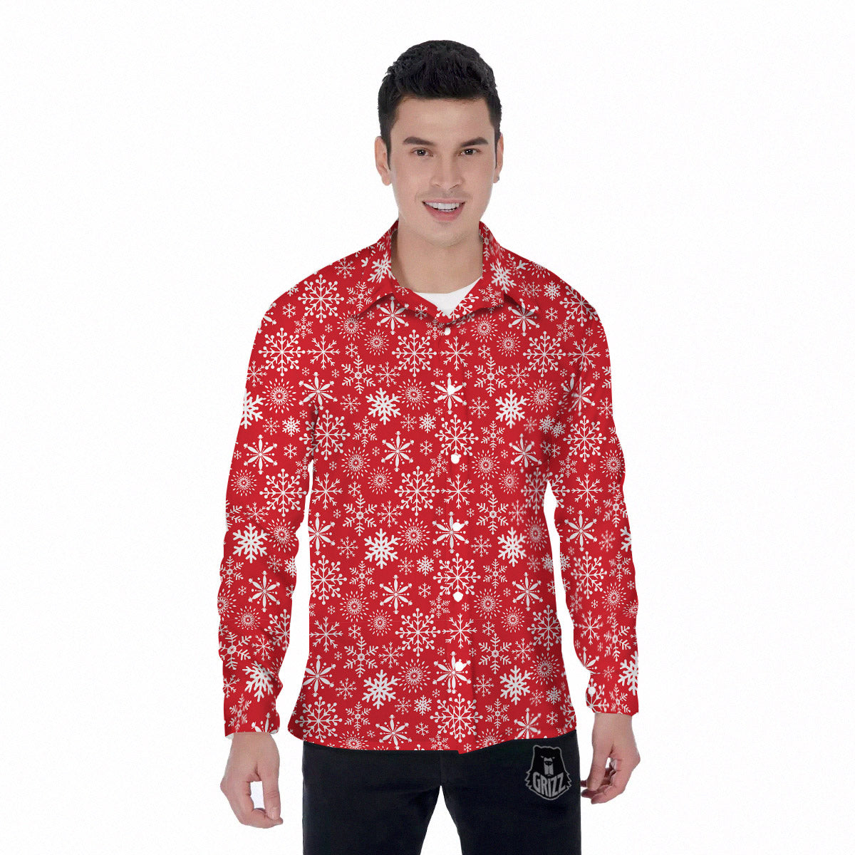 Snowflake Christmas Print Men's Long Sleeve Shirts-grizzshop