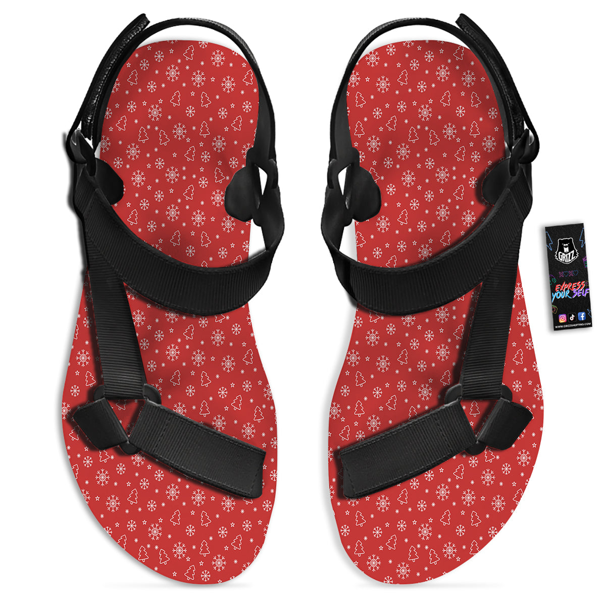 Snowflake Christmas Print Pattern Black Open Toe Sandals-grizzshop