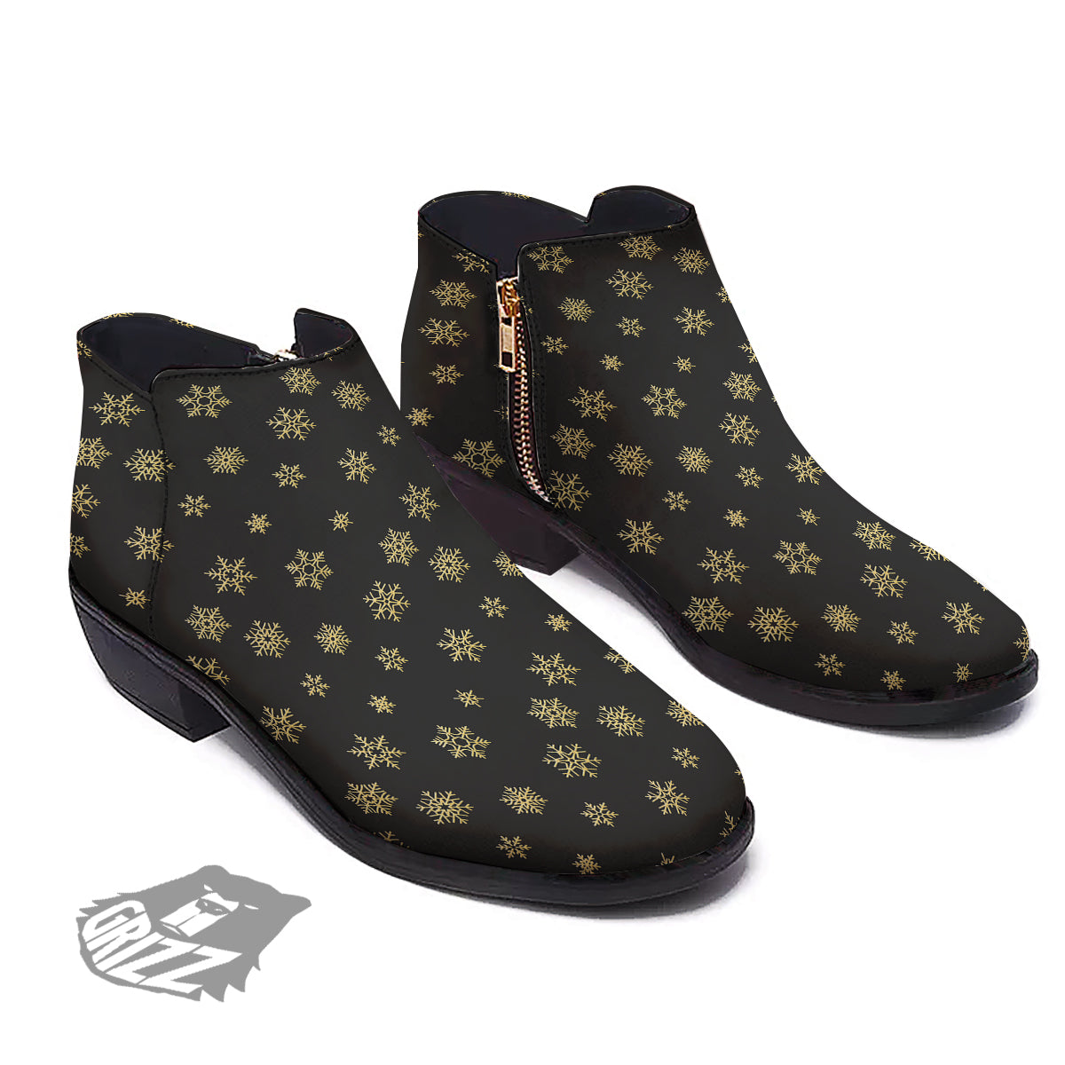 Snowflake Gold And Black Print Pattern Ankle Boots-grizzshop