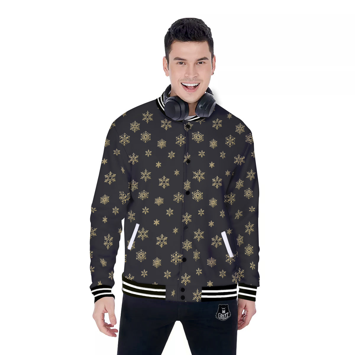 Snowflake Gold And Black Print Pattern Baseball Jacket-grizzshop