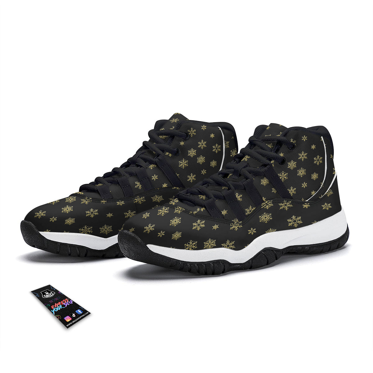 Snowflake Gold And Black Print Pattern Black Bball Shoes-grizzshop