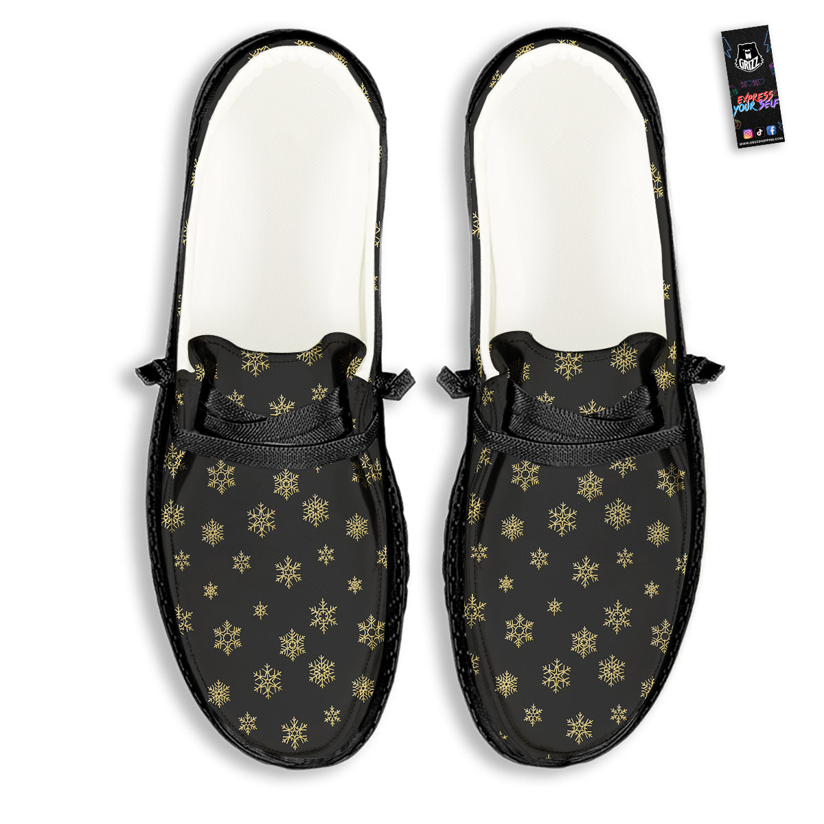 Snowflake Gold And Black Print Pattern Black Loafers-grizzshop