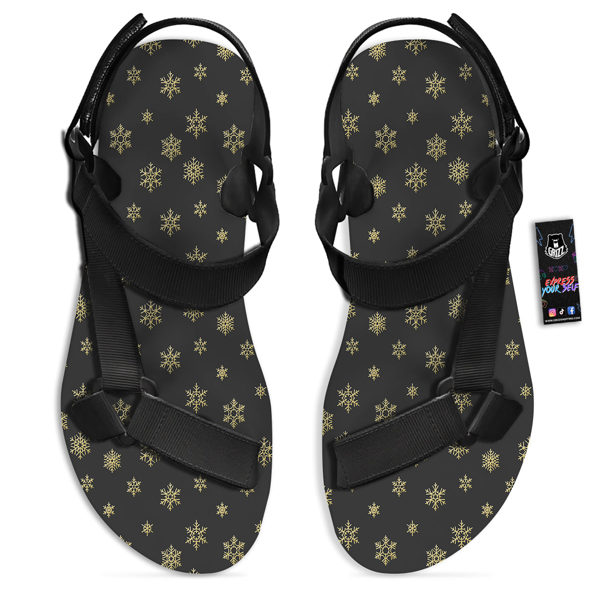 Snowflake Gold And Black Print Pattern Black Open Toe Sandals-grizzshop