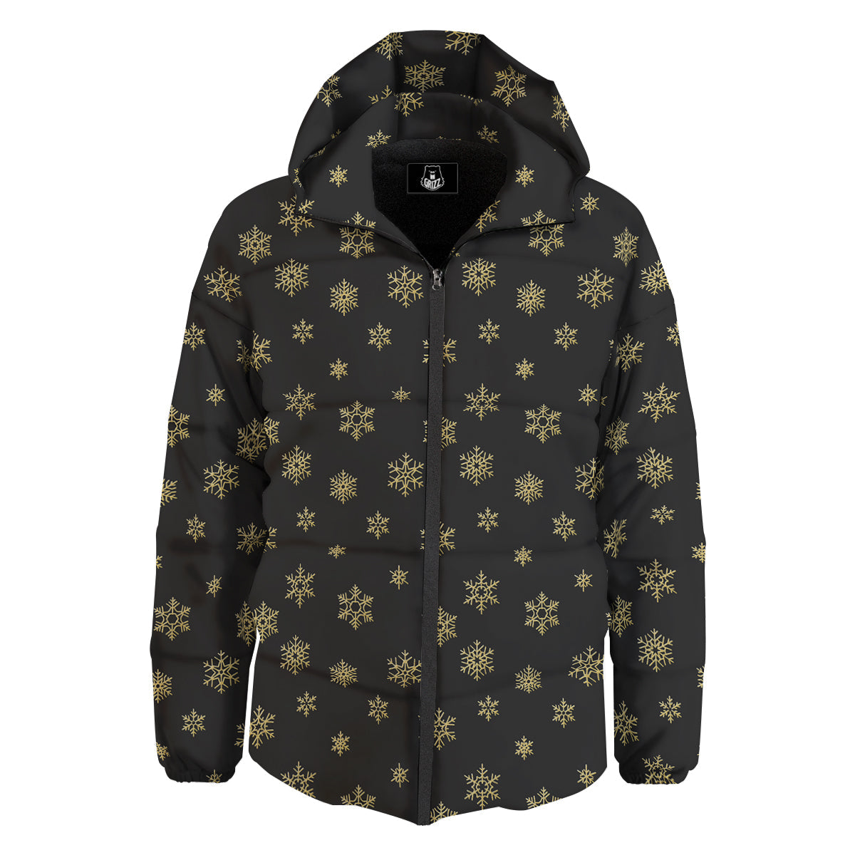 Snowflake Gold And Black Print Pattern Down Jacket-grizzshop