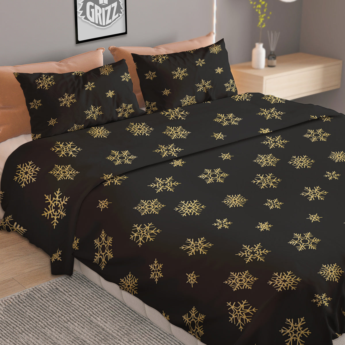 Snowflake Gold And Black Print Pattern Duvet Cover Bedding Set