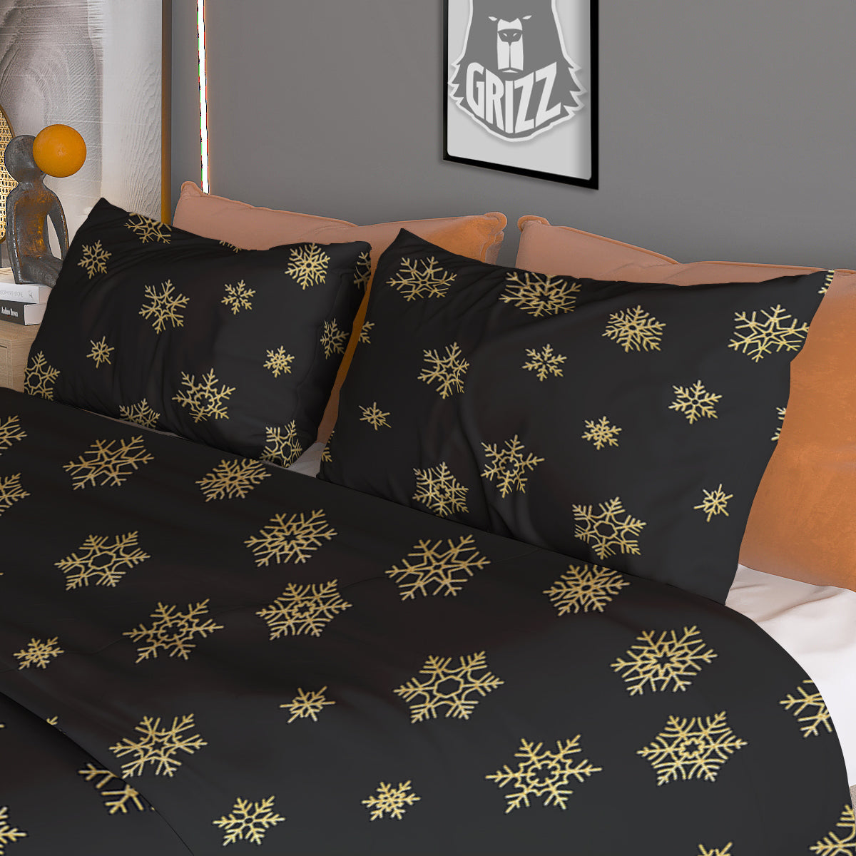 Snowflake Gold And Black Print Pattern Duvet Cover Bedding Set