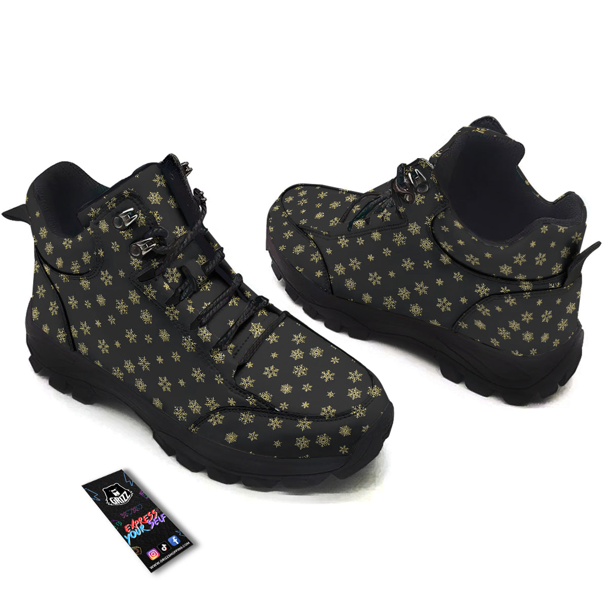 Snowflake Gold And Black Print Pattern Hiking Shoes-grizzshop