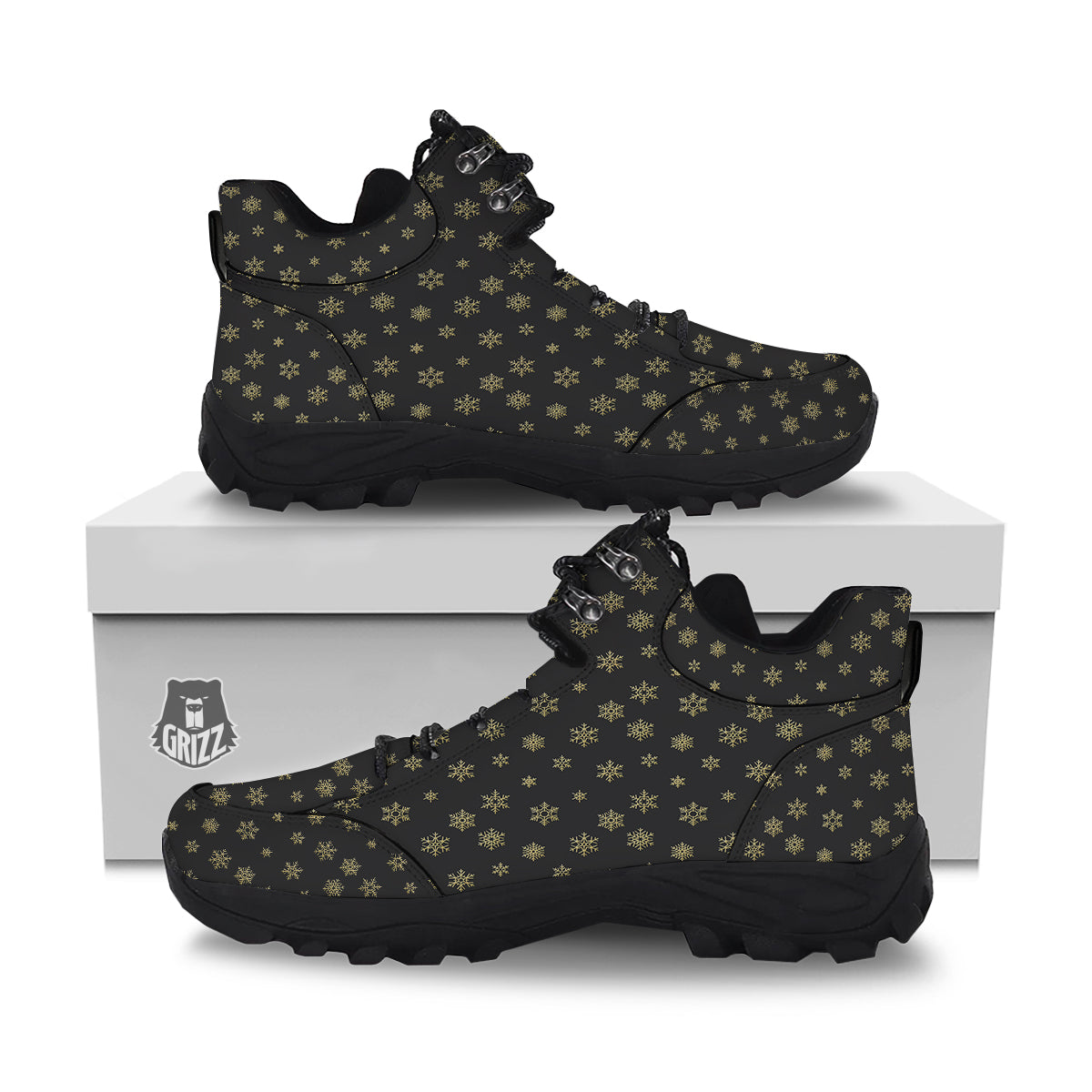 Snowflake Gold And Black Print Pattern Hiking Shoes-grizzshop