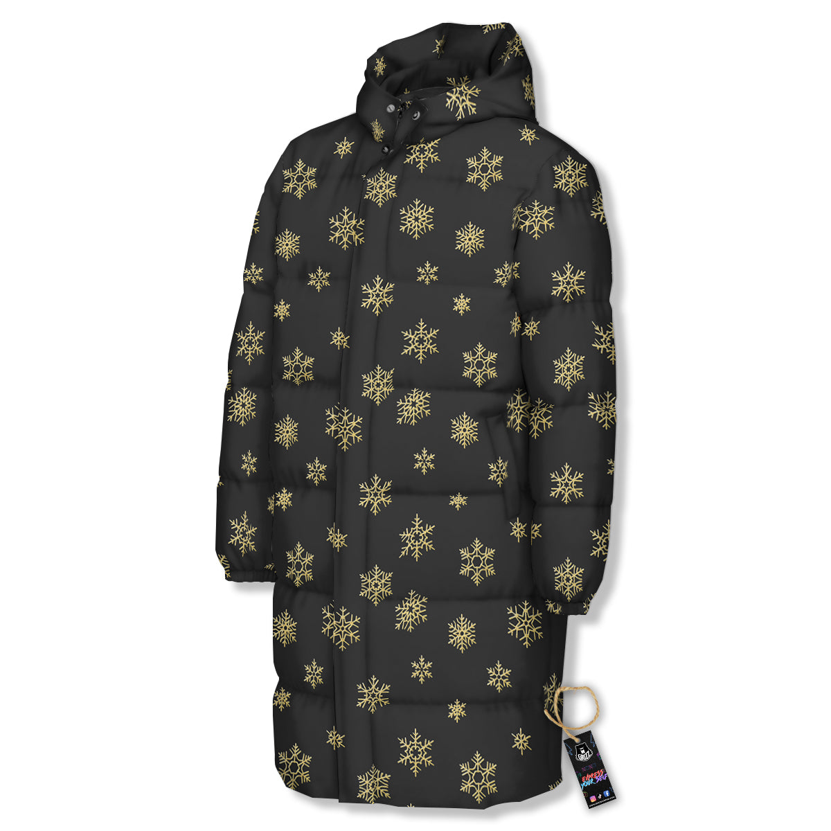 Snowflake Gold And Black Print Pattern Long Down Jacket-grizzshop