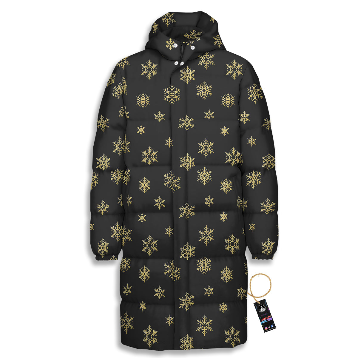 Snowflake Gold And Black Print Pattern Long Down Jacket-grizzshop