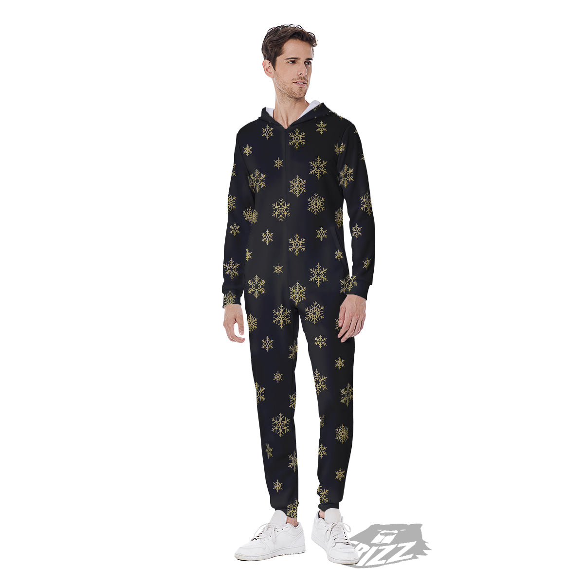 Snowflake Gold And Black Print Pattern Men's Jumpsuit-grizzshop
