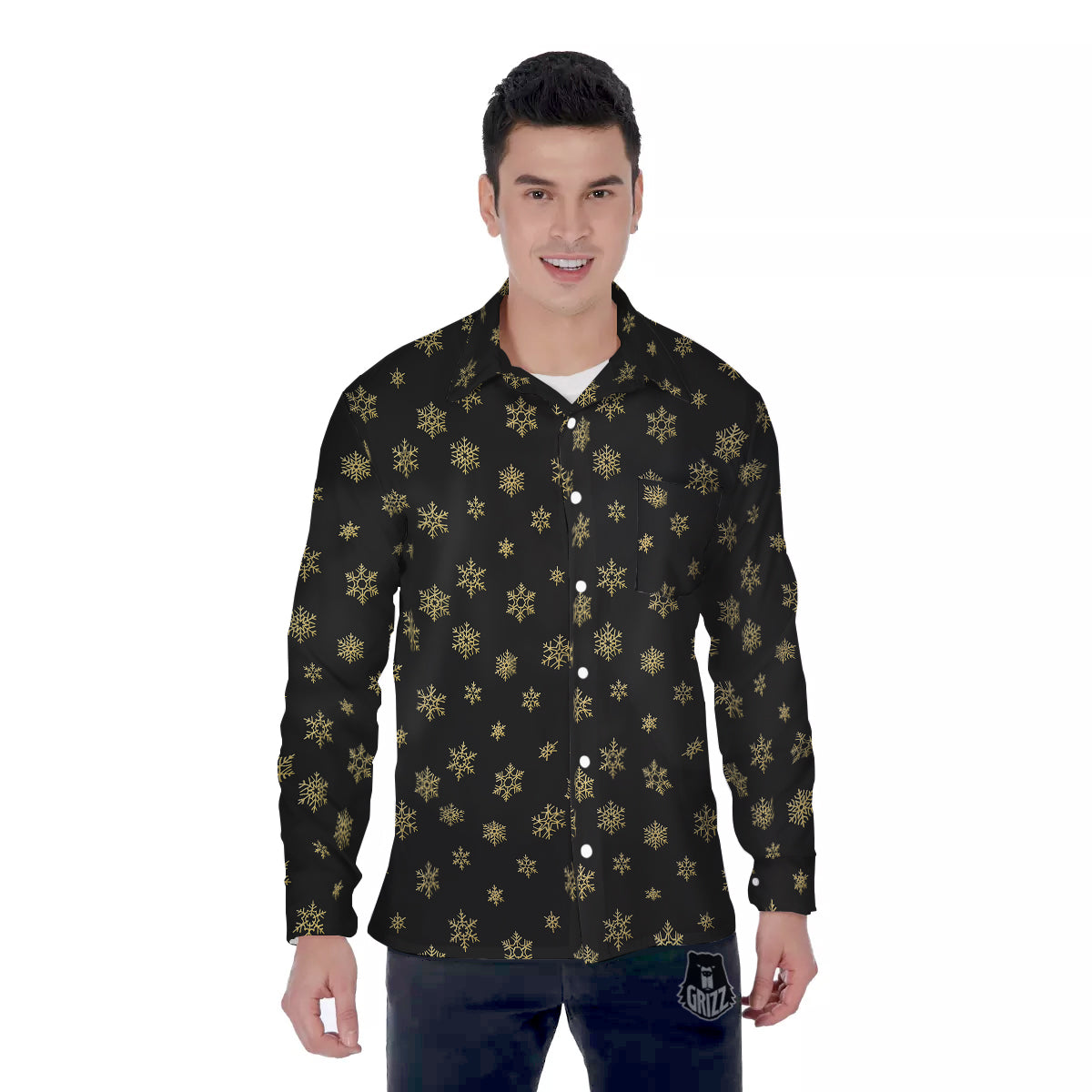 Snowflake Gold And Black Print Pattern Men's Long Sleeve Shirts-grizzshop