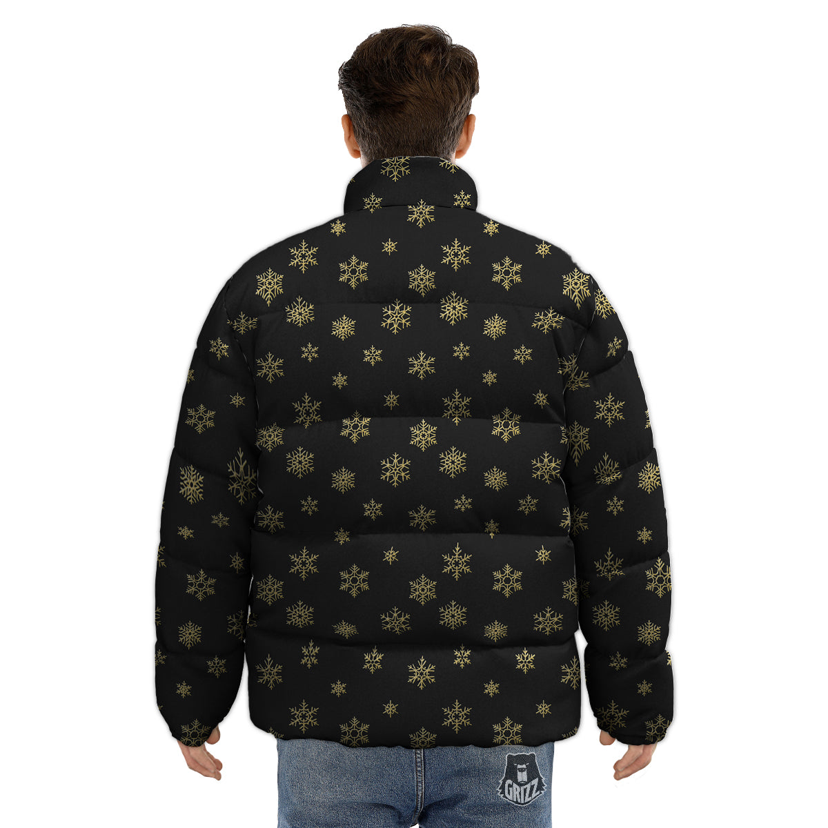 Snowflake Gold And Black Print Pattern Puffer Jacket-grizzshop