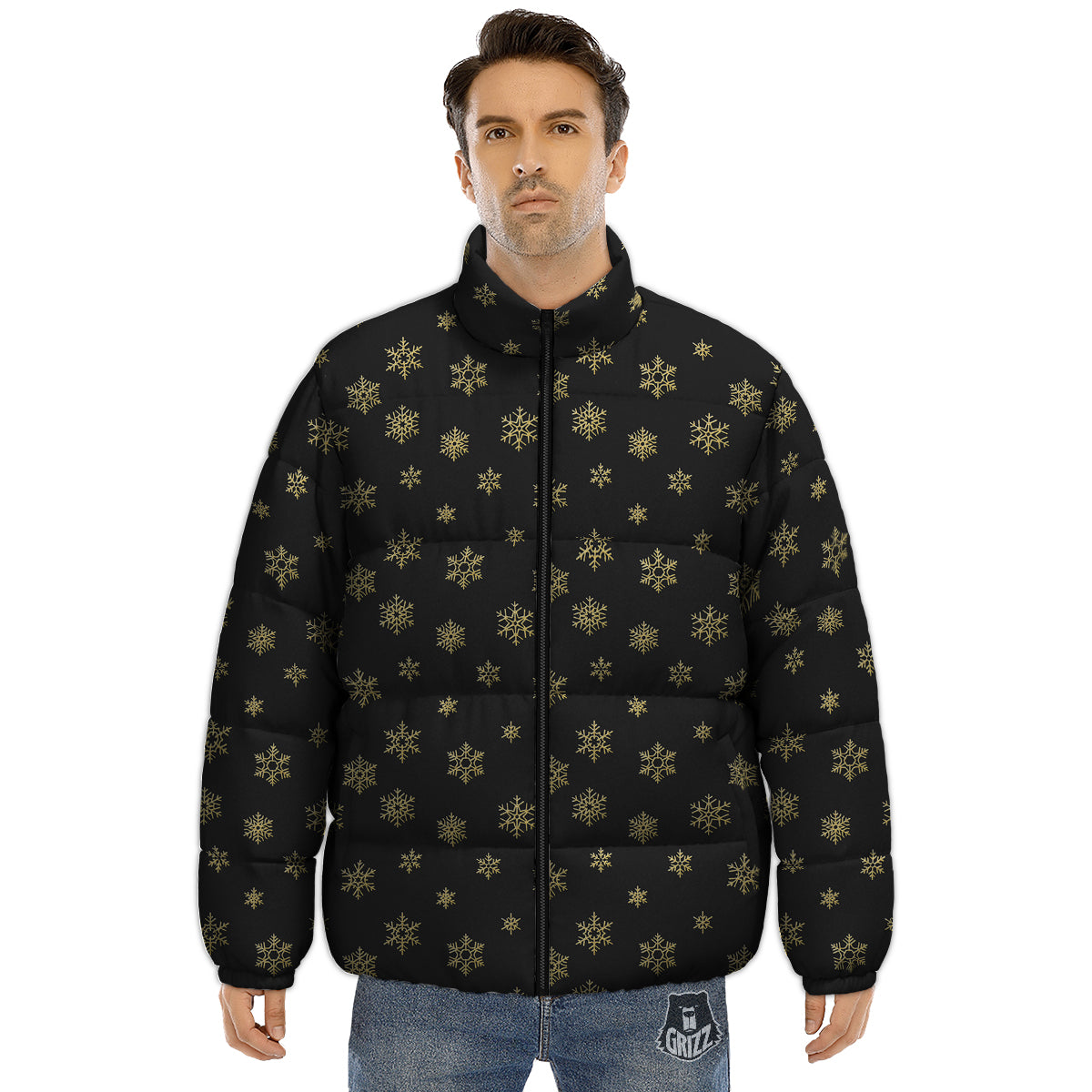 Snowflake Gold And Black Print Pattern Puffer Jacket-grizzshop
