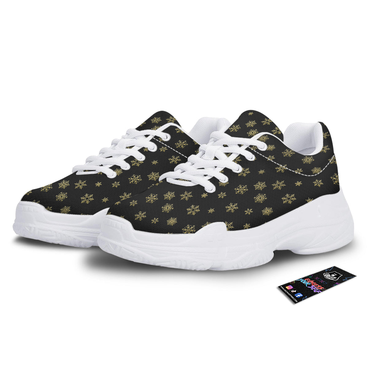 Snowflake Gold And Black Print Pattern White Chunky Shoes-grizzshop