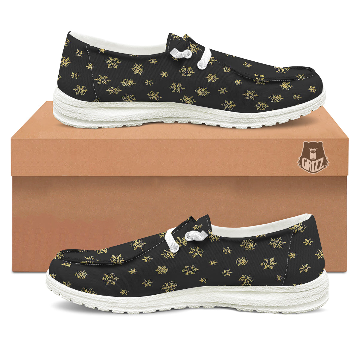 Snowflake Gold And Black Print Pattern White Loafers-grizzshop