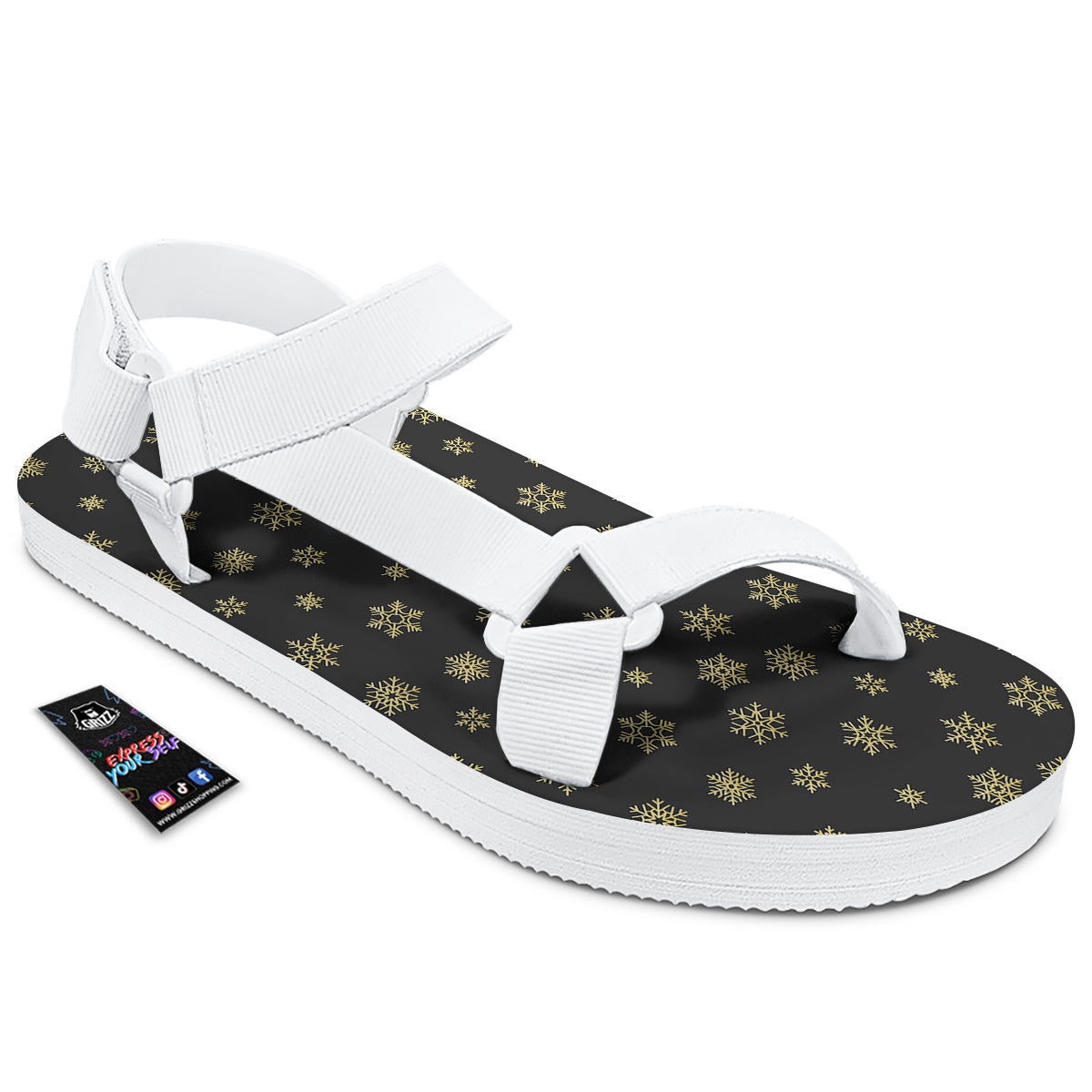 Snowflake Gold And Black Print Pattern White Open Toe Sandals-grizzshop