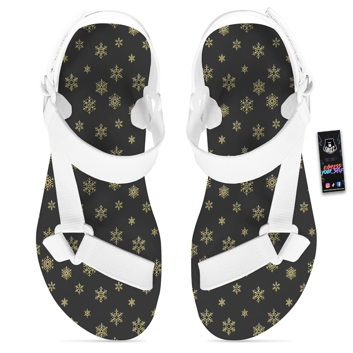 Snowflake Gold And Black Print Pattern White Open Toe Sandals-grizzshop