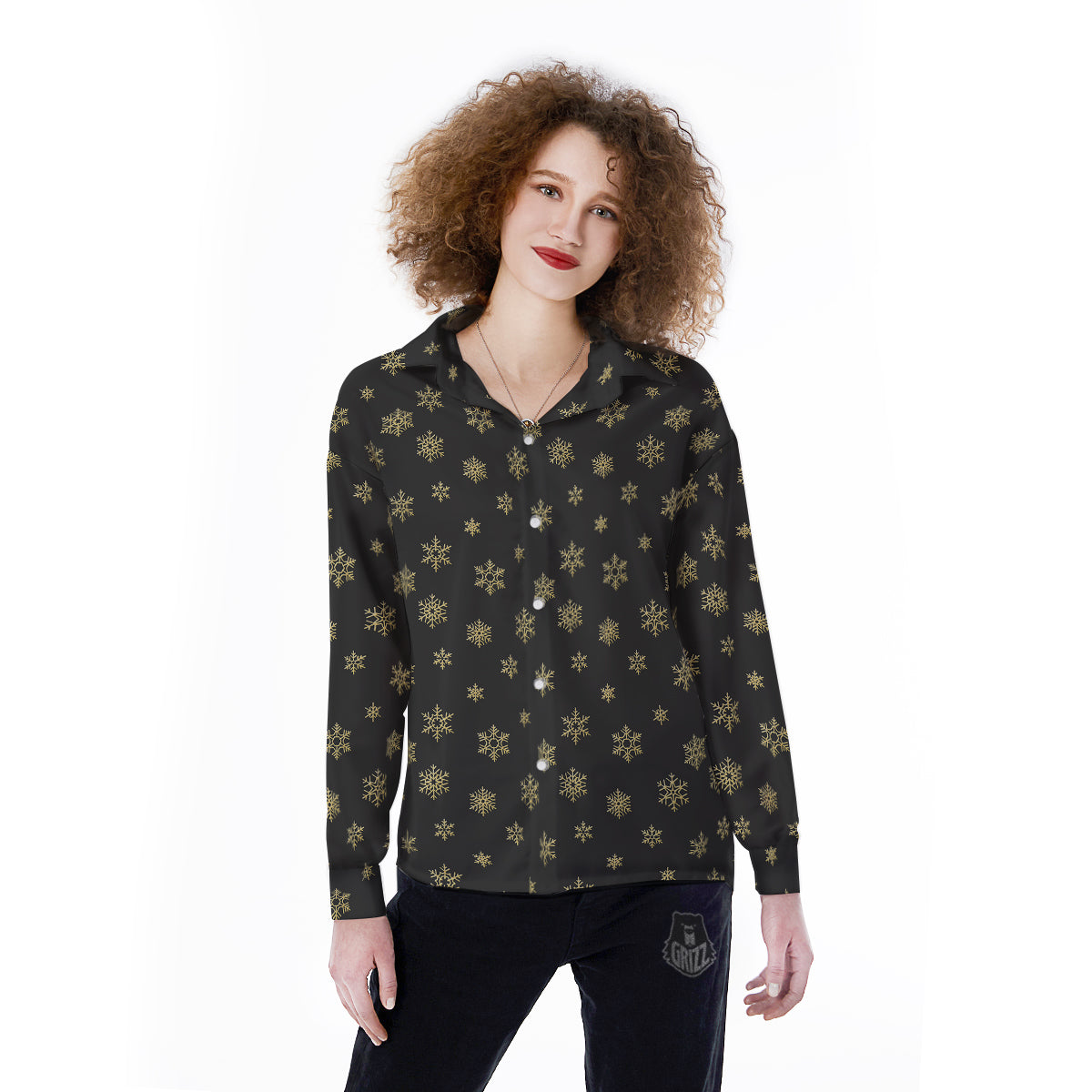Snowflake Gold And Black Print Pattern Women's Long Sleeve Shirts-grizzshop