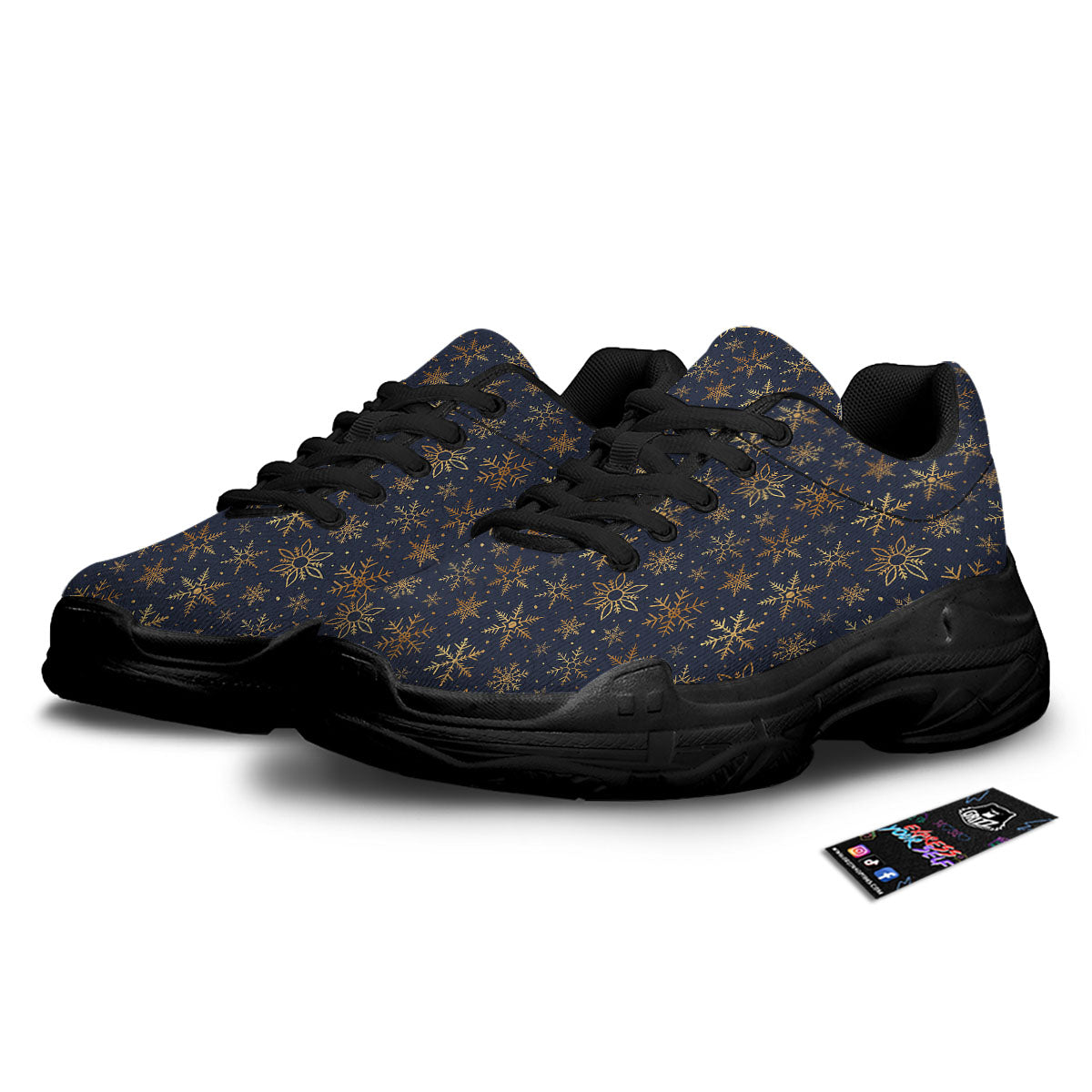 Snowflake Golden Print Black Chunky Shoes-grizzshop