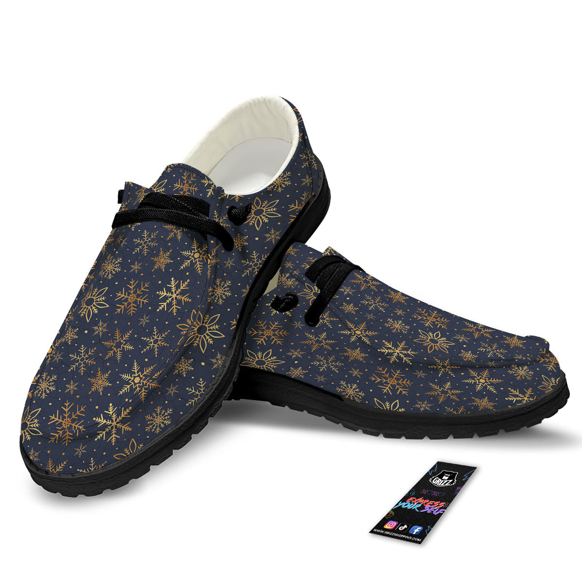 Snowflake Golden Print Black Loafers-grizzshop