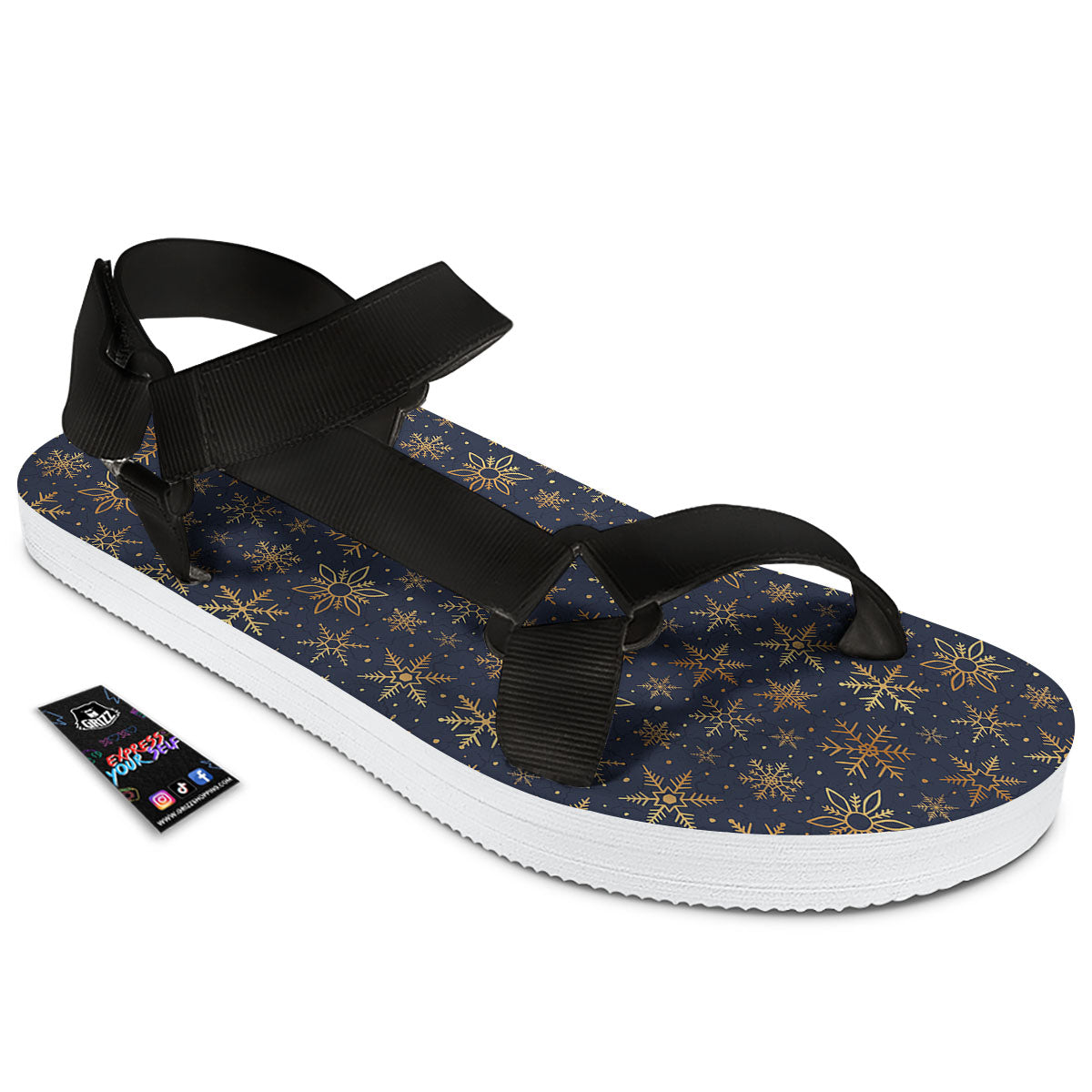 Snowflake Golden Print Black Open Toe Sandals-grizzshop