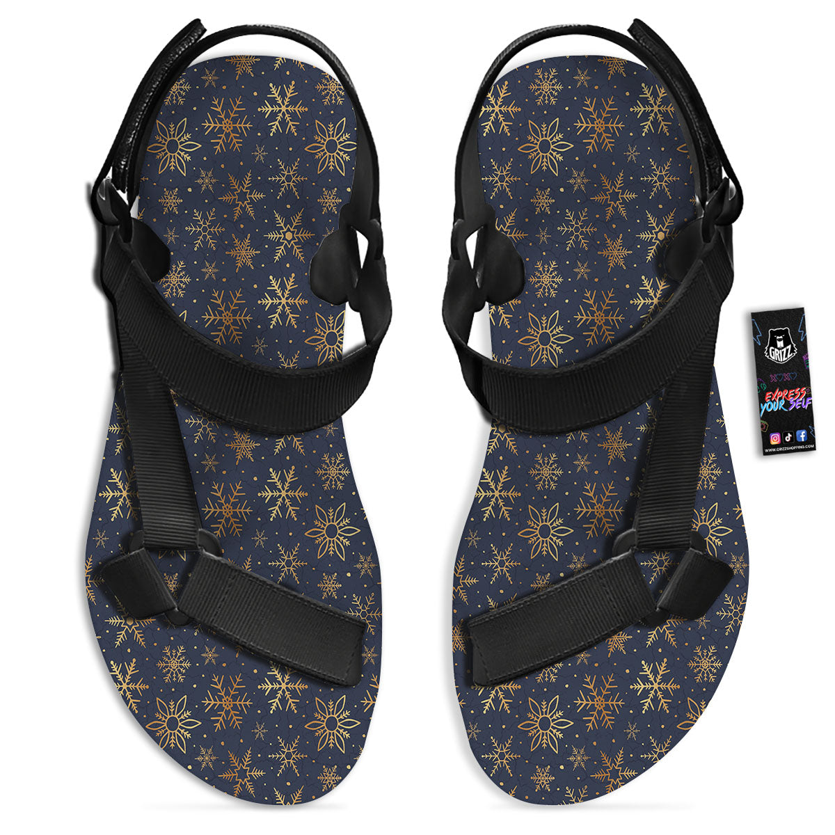 Snowflake Golden Print Black Open Toe Sandals-grizzshop