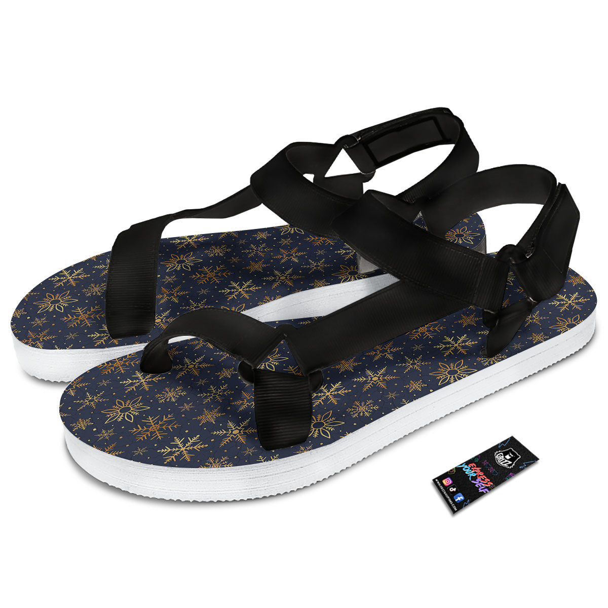 Snowflake Golden Print Black Open Toe Sandals-grizzshop