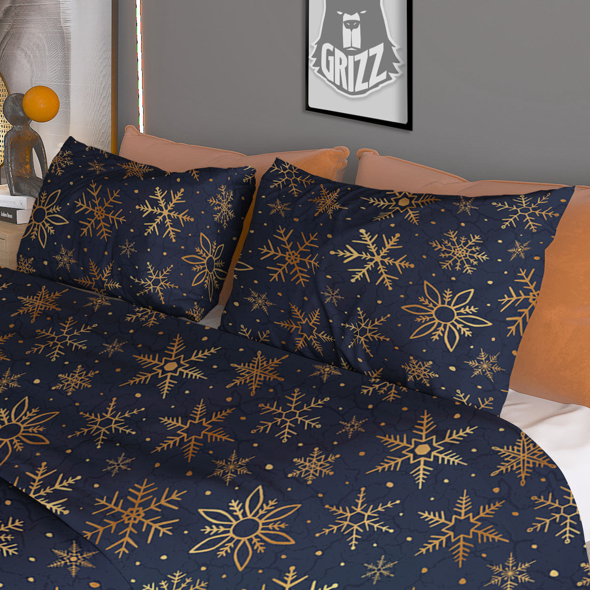Snowflake Golden Print Duvet Cover Bedding Set