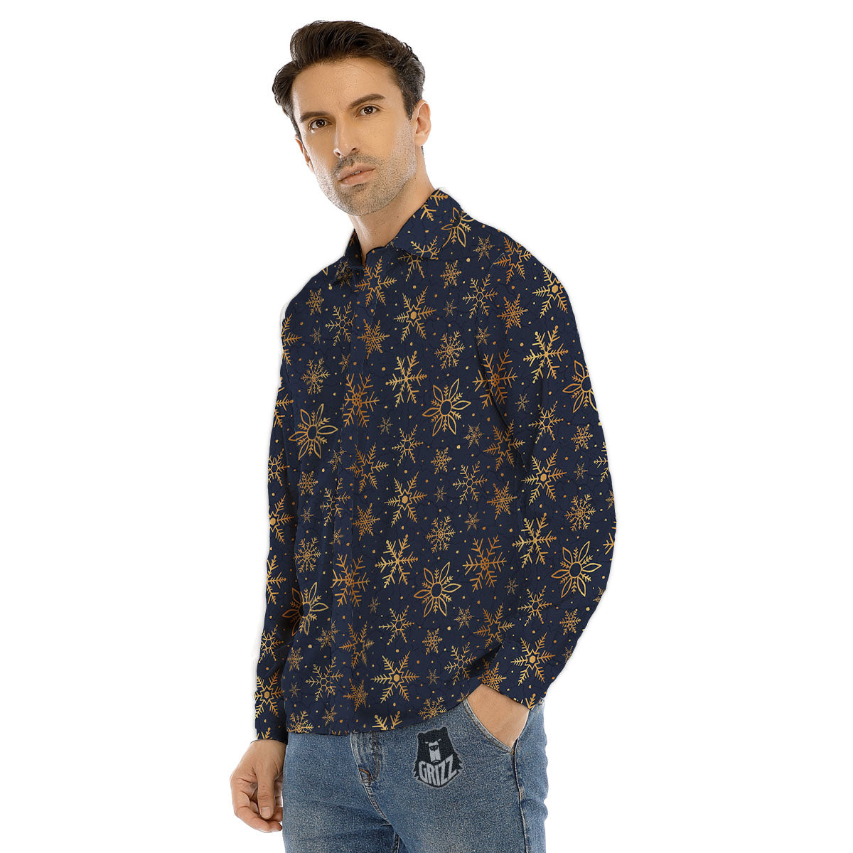 Snowflake Golden Print Men's Dress Shirts-grizzshop