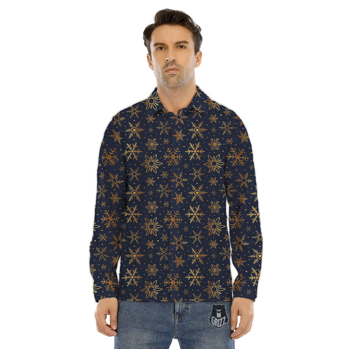 Snowflake Golden Print Men's Dress Shirts-grizzshop