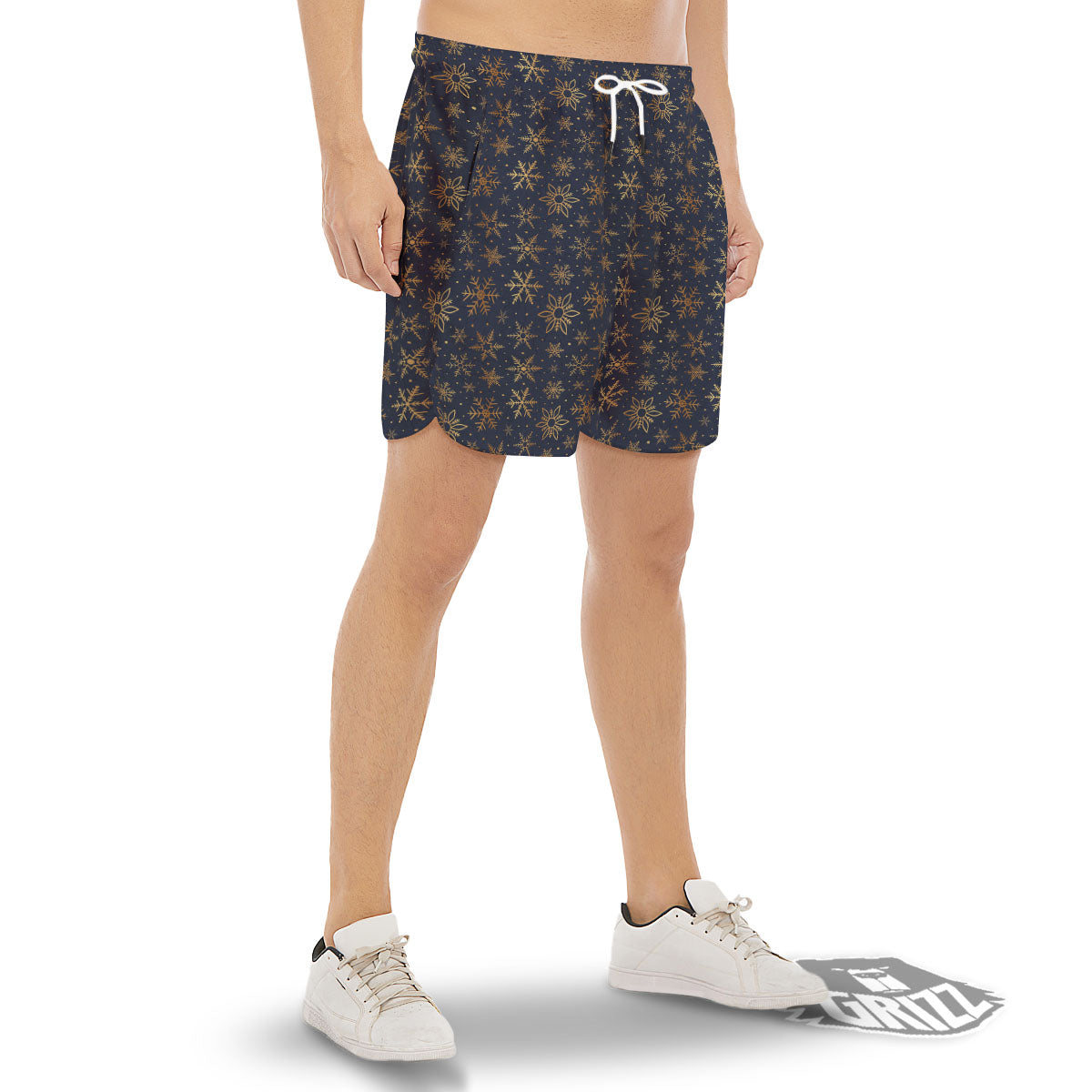 Snowflake Golden Print Men's Gym Shorts-grizzshop