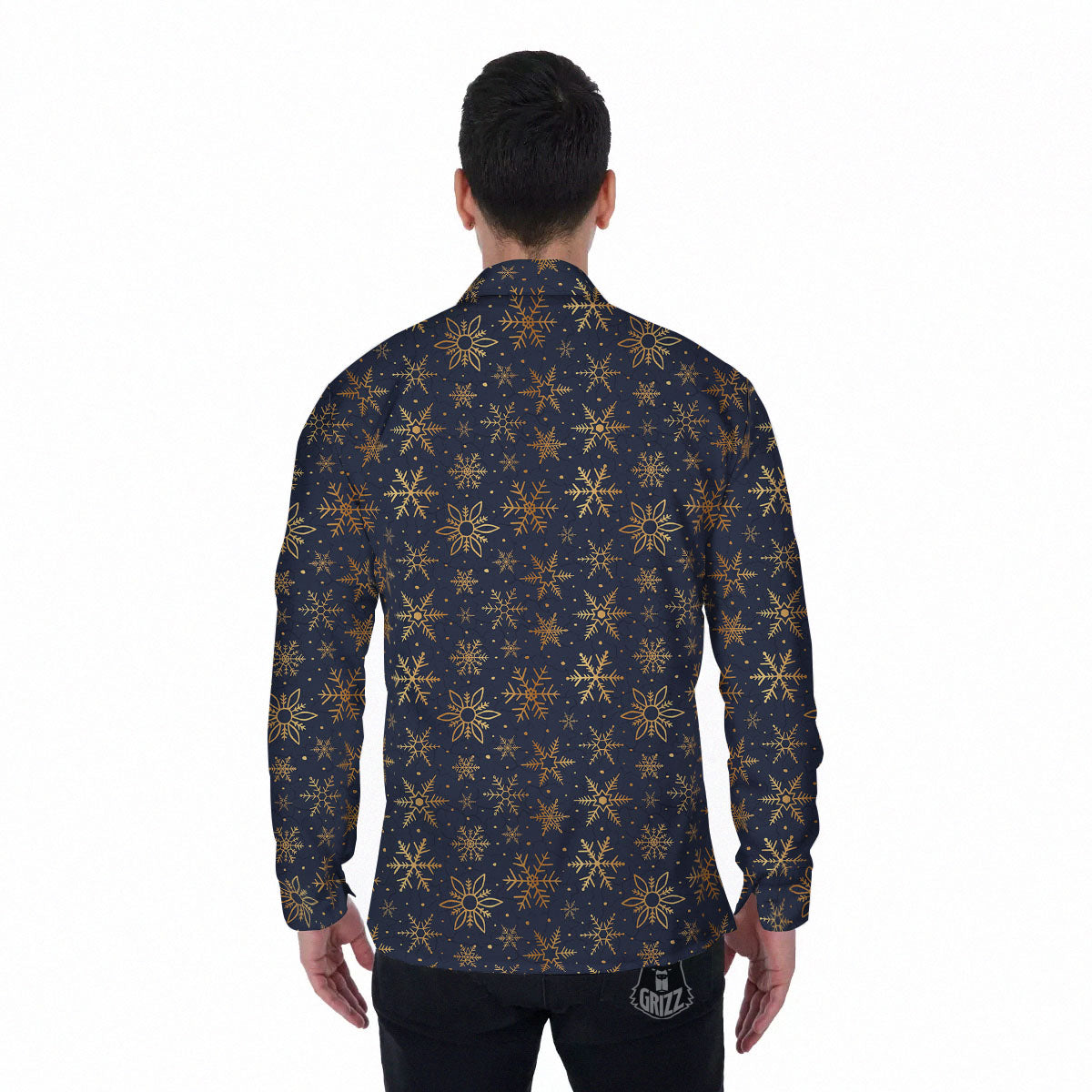 Snowflake Golden Print Men's Long Sleeve Shirts-grizzshop