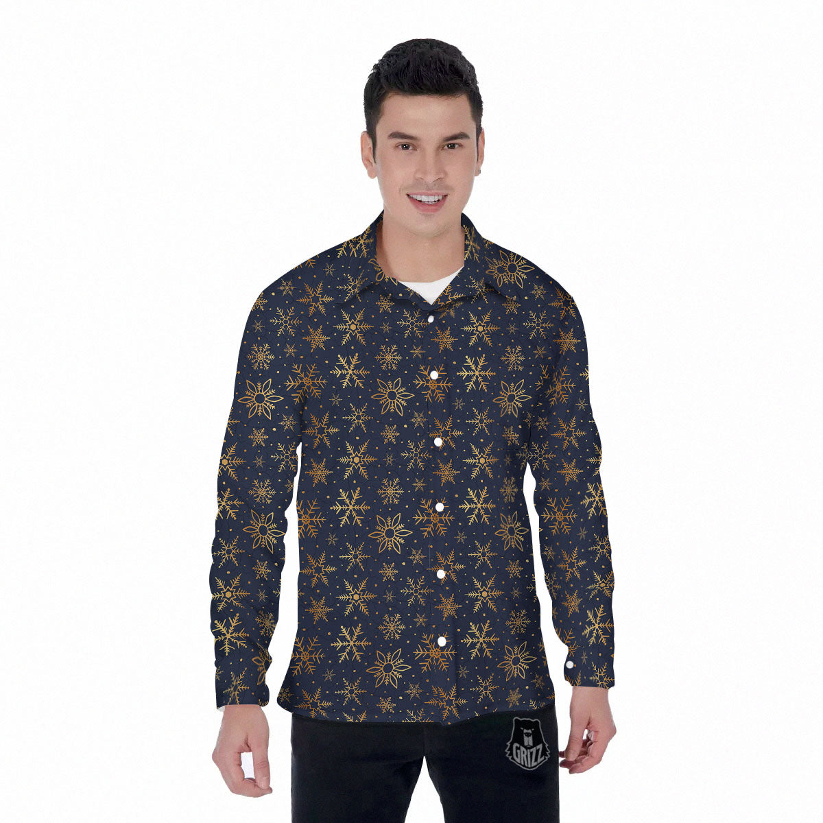 Snowflake Golden Print Men's Long Sleeve Shirts-grizzshop