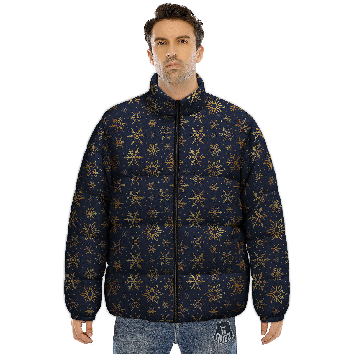 Snowflake Golden Print Puffer Jacket-grizzshop