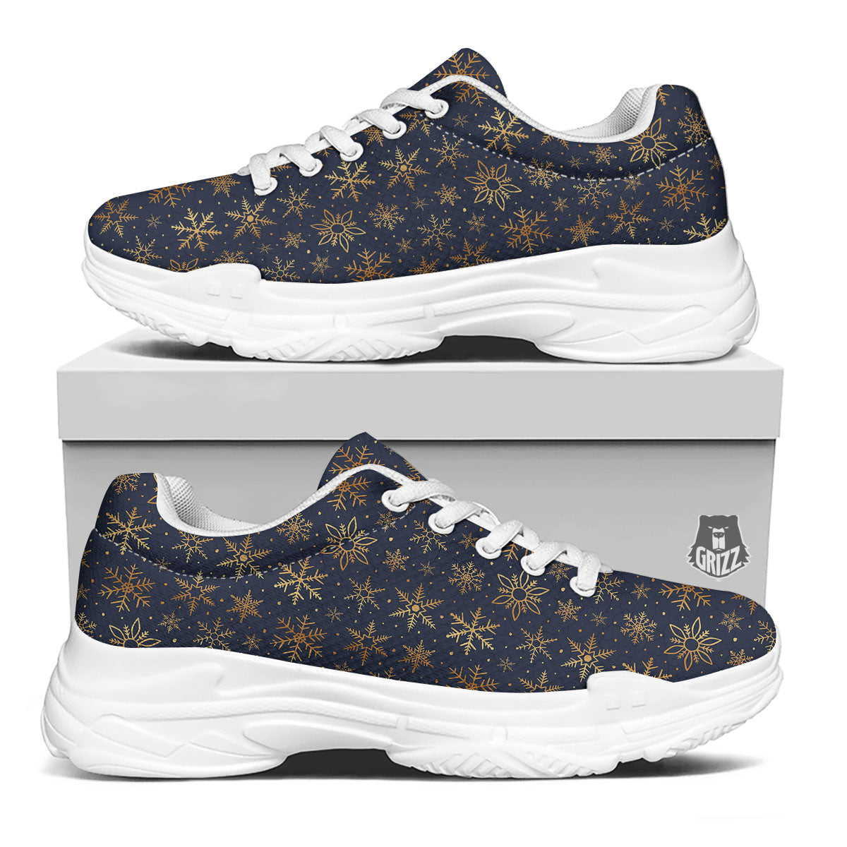 Snowflake Golden Print White Chunky Shoes-grizzshop